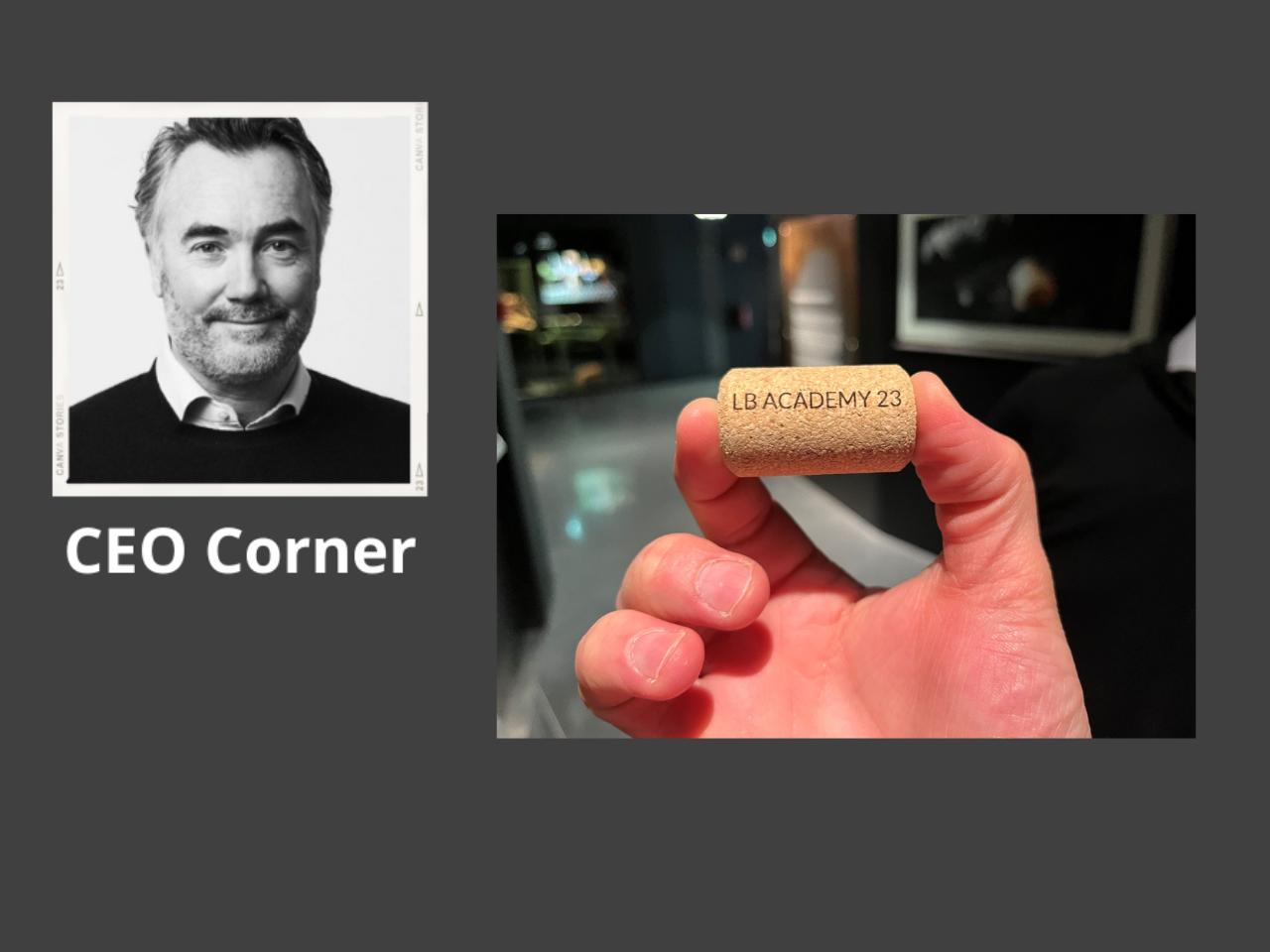 Picture shows Jan Patrick Schulz, Landbell Group's CEO and a hand holding a cork engraved with Landbell Academy 2023